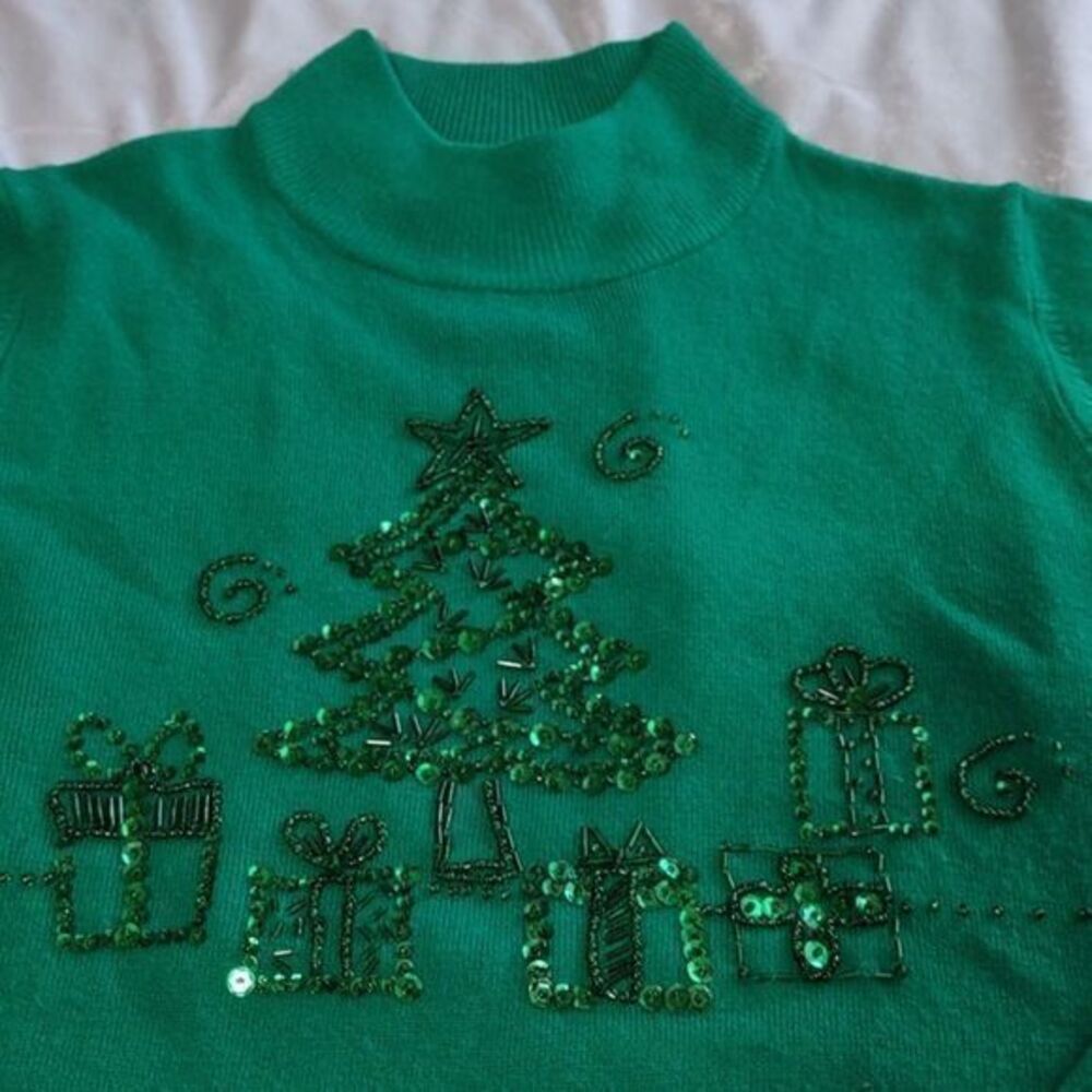 Vintage Quacker Factory Green‎ Crew Neck Bedazzled Christmas Sweater Sz S